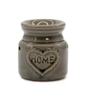 Blå stenfärgad keramisk doftoljevärmare med hjärtformad dekor och texten HOME