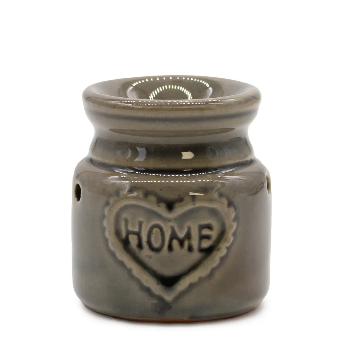 Blå stenfärgad keramisk doftoljevärmare med hjärtformad dekor och texten HOME