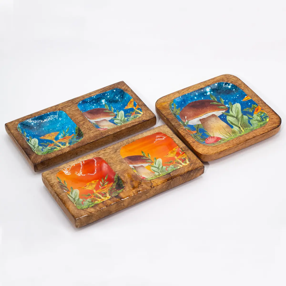 Dubbel smyckesbricka 20x10x2,5 cm med svampmotiv i teal - produktbild 3