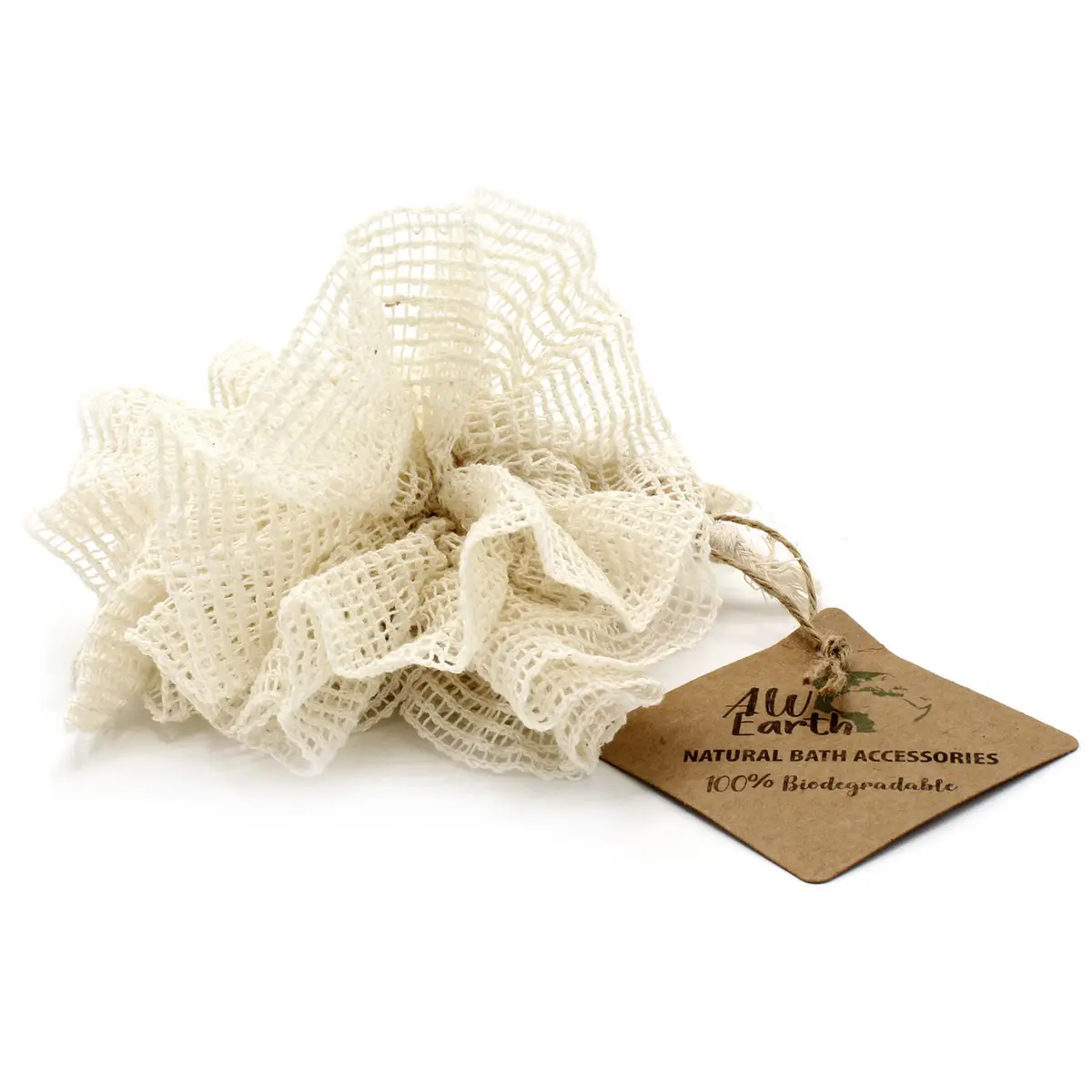 Naturlig duschscrunchie i nätmönster av ramie med etikett