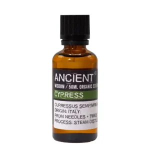 Flaska med ekologisk cypressolja 50 ml med svart lock