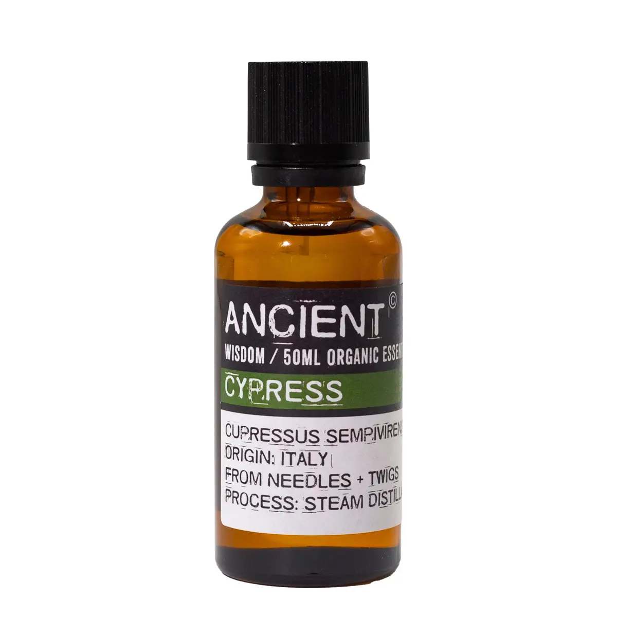 Flaska med ekologisk cypressolja 50 ml med svart lock