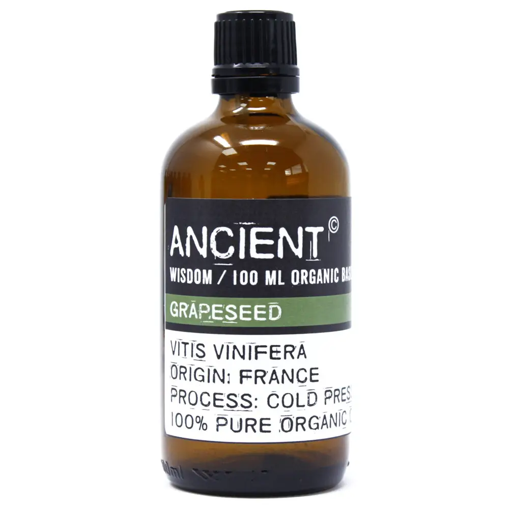 Flaska med ekologisk druvkärnolja basolja 100 ml med etikett från Ancient Wisdom
