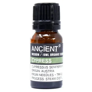 Flaska med ekologisk eterisk cypressolja 10 ml med svart lock och etikett