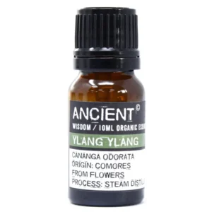 Flaska med ekologisk eterisk olja Ylang Ylang 10 ml med svart lock och etikett