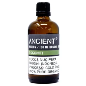 Flaska med ekologisk kokosolja basolja 100 ml med etikett från Ancient Wisdom