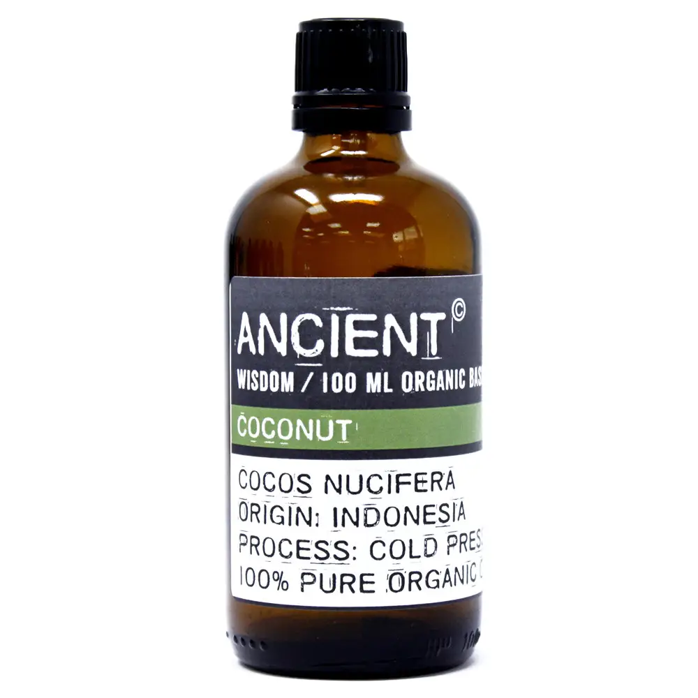 Flaska med ekologisk kokosolja basolja 100 ml med etikett från Ancient Wisdom