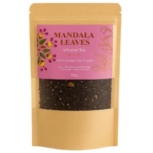 Förpackning med ekologisk kryddig chokladchai teblandning 50g från Mandala Leaves