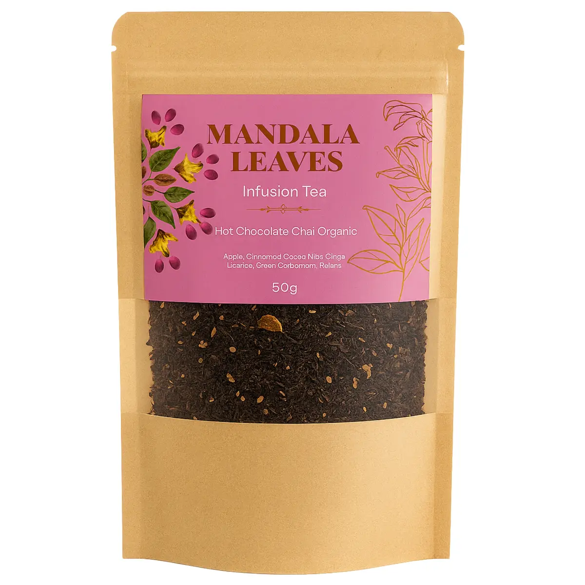 Förpackning med ekologisk kryddig chokladchai teblandning 50g från Mandala Leaves