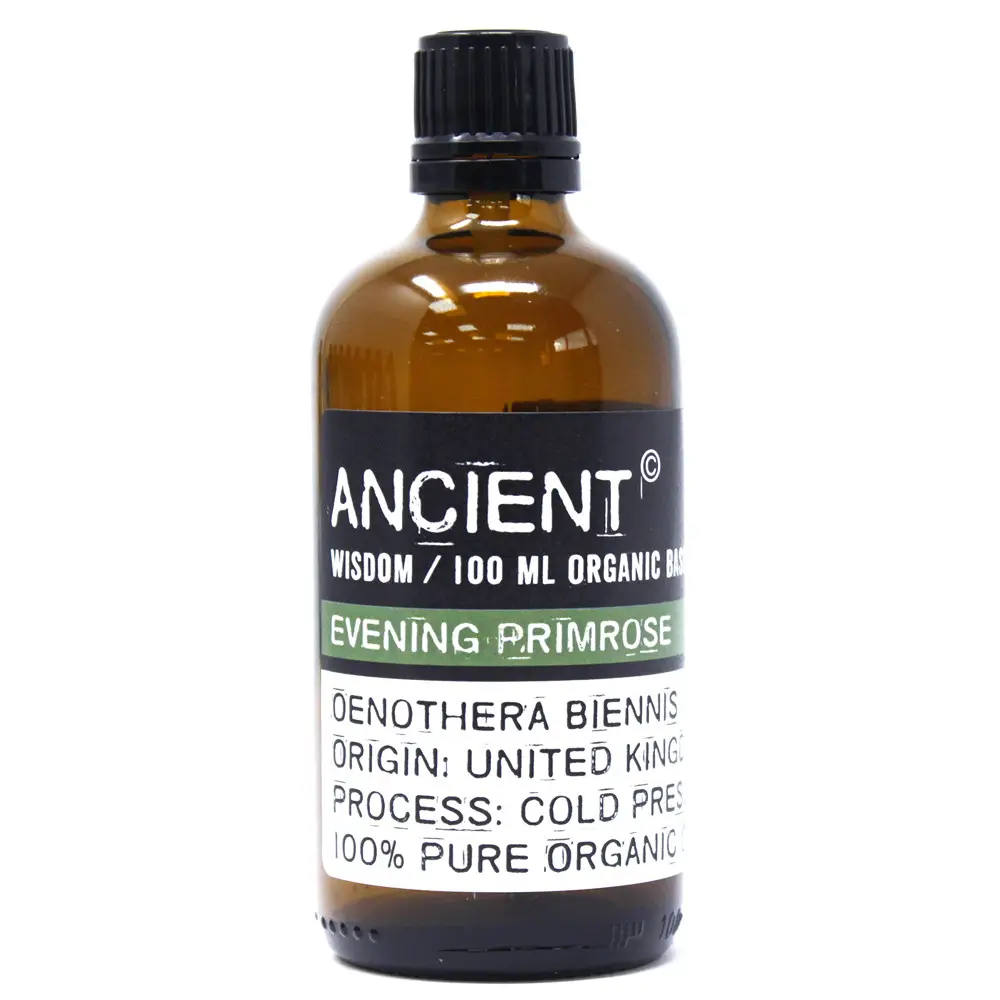 Flaska med ekologisk kvällsprimörolja basolja 100 ml från Ancient Wisdom