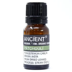 Brun glasflaska med ekologisk patchouli eterisk olja 10 ml