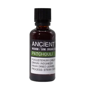 Flaska med ekologisk patchouli eterisk olja 50 ml med svart lock