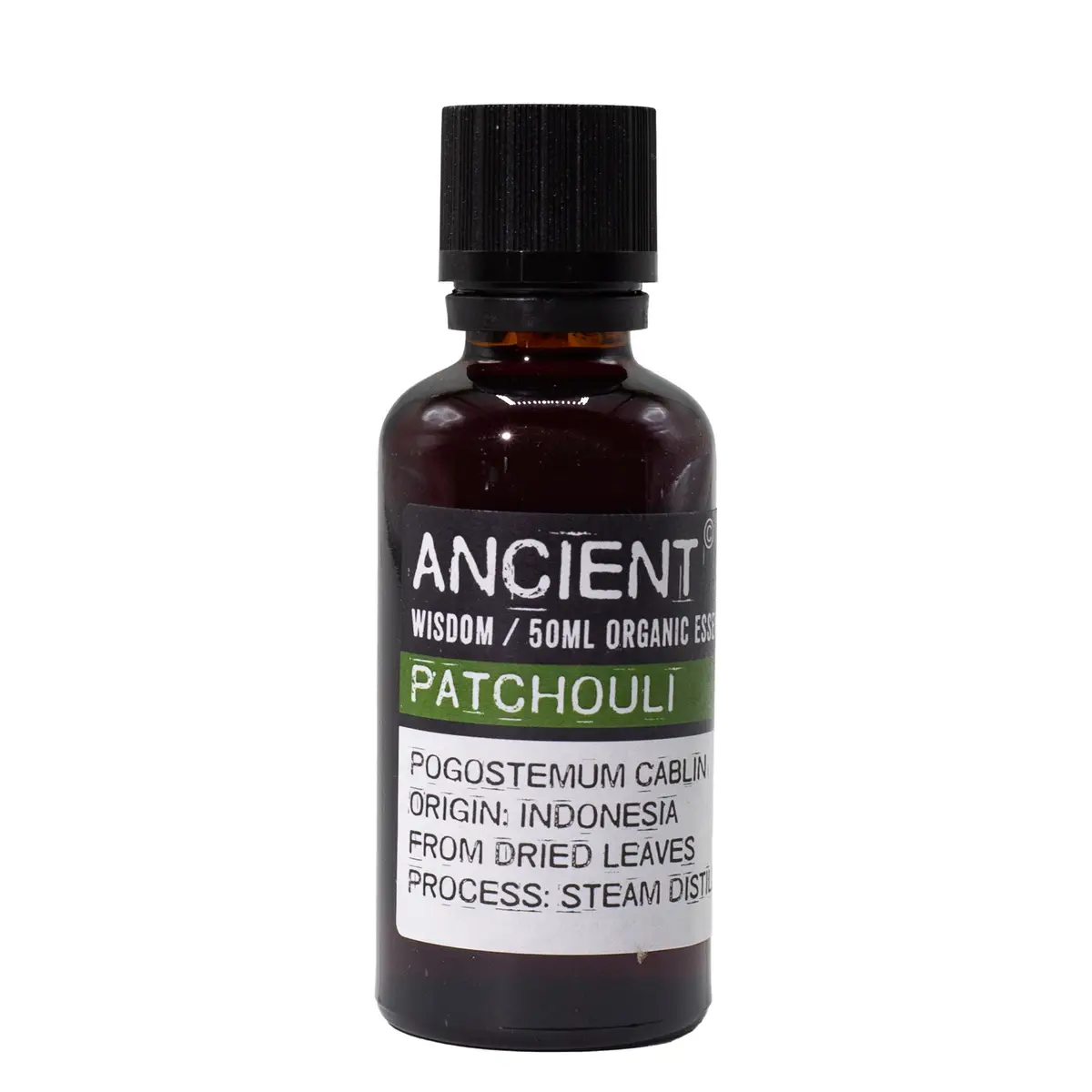 Flaska med ekologisk patchouli eterisk olja 50 ml med svart lock