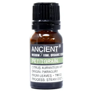 Flaska med ekologisk petitgrain eterisk olja 10 ml med svart lock och etikett