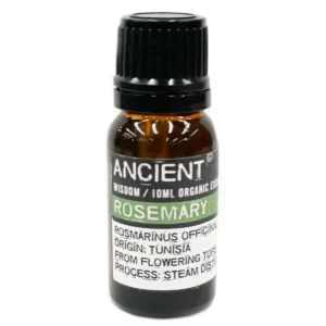 Flaska med ekologisk rosmarin eterisk olja 10 ml med svart lock och etikett