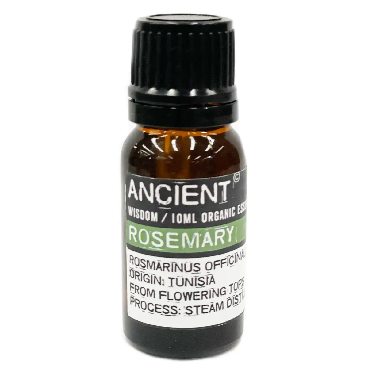 Flaska med ekologisk rosmarin eterisk olja 10 ml med svart lock och etikett