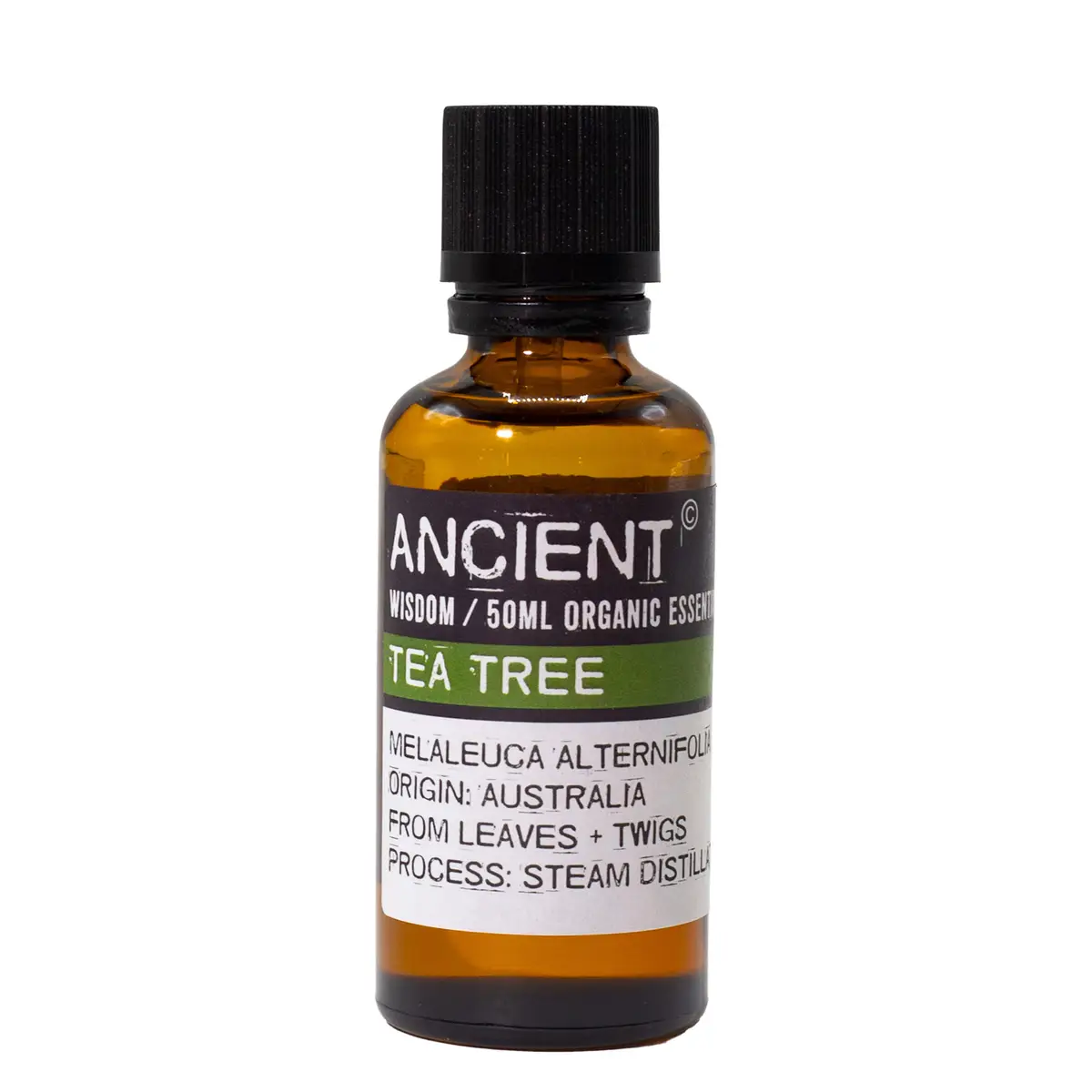 Flaska med ekologisk tea tree eterisk olja 50 ml med svart lock