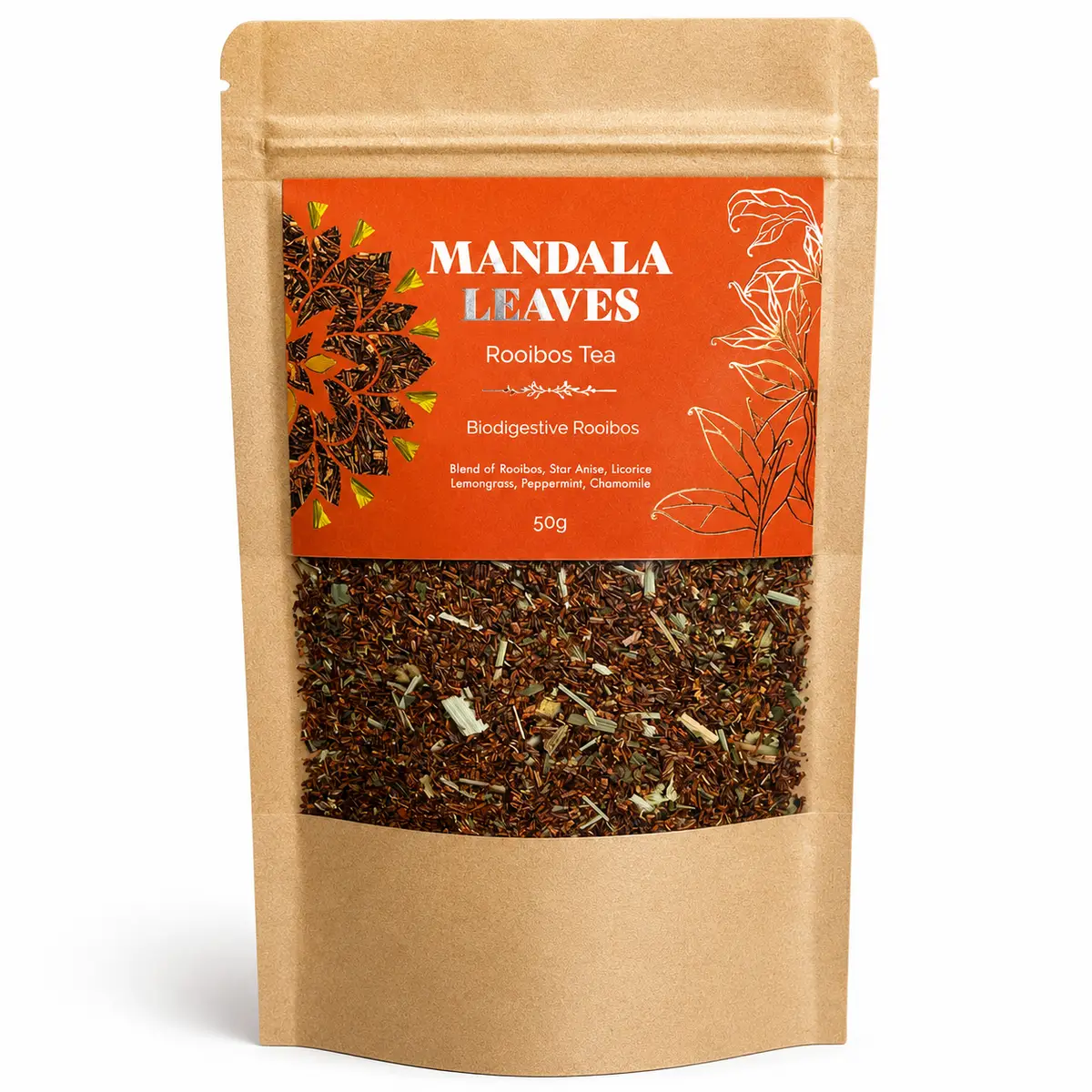 Förpackning med ekologiskt biodigestivt rooibos-te från Mandala Leaves