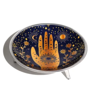 Emaljerad rökelsebricka med tre ben och Hamsa-handmotiv i midnattsblått