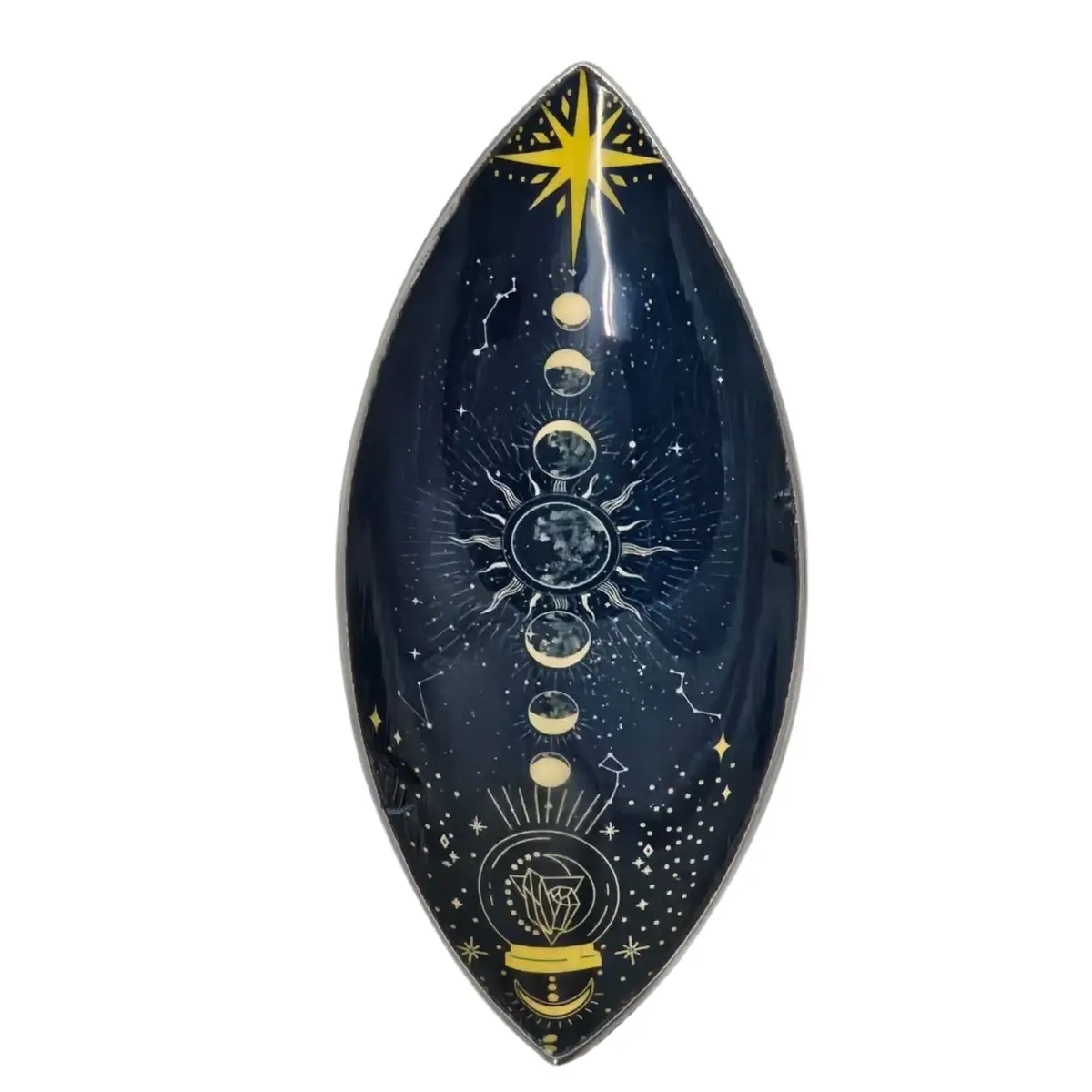 Emaljerad rökelseskål i aluminium med motiv av månens faser och zodiakens symboler