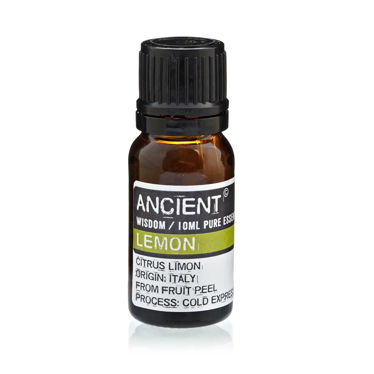 Flaska med eterisk citronolja 10 ml med svart lock och etikett