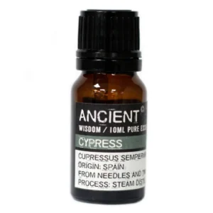 Flaska med eterisk cypressolja 10 ml med svart lock och etikett
