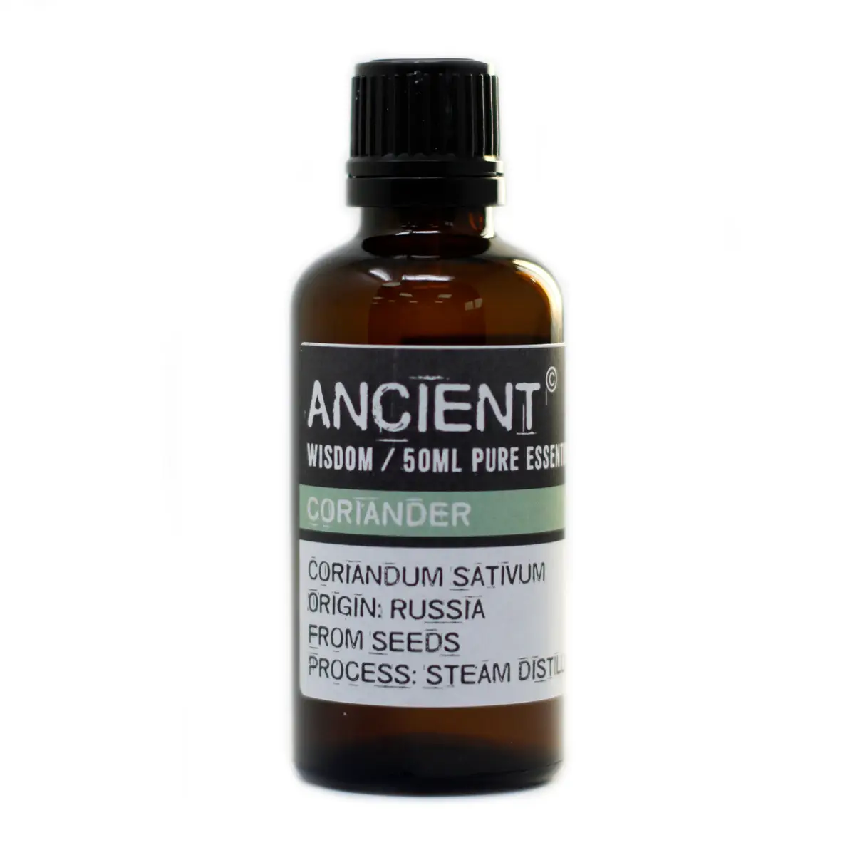 Flaska med eterisk korianderolja 50 ml med etikett Ancient Wisdom