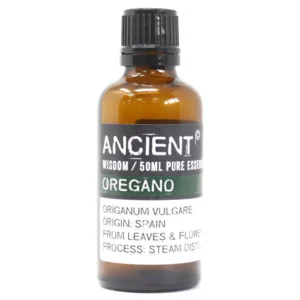 Flaska med eterisk olja av oregano 50 ml med etikett och svart skruvkork