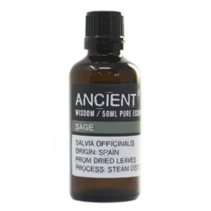 Brun flaska med eterisk olja av salvia 50 ml med svart lock och etikett