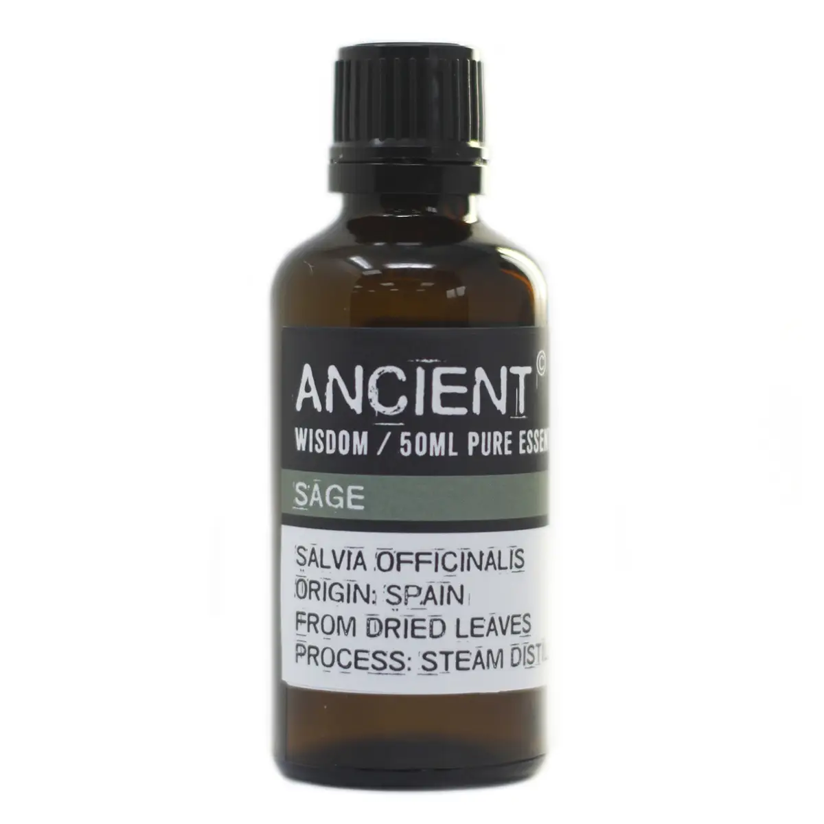 Brun flaska med eterisk olja av salvia 50 ml med svart lock och etikett