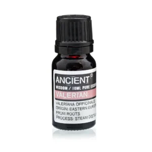 Flaska med eterisk olja av valeriana 10 ml med svart lock och etikett