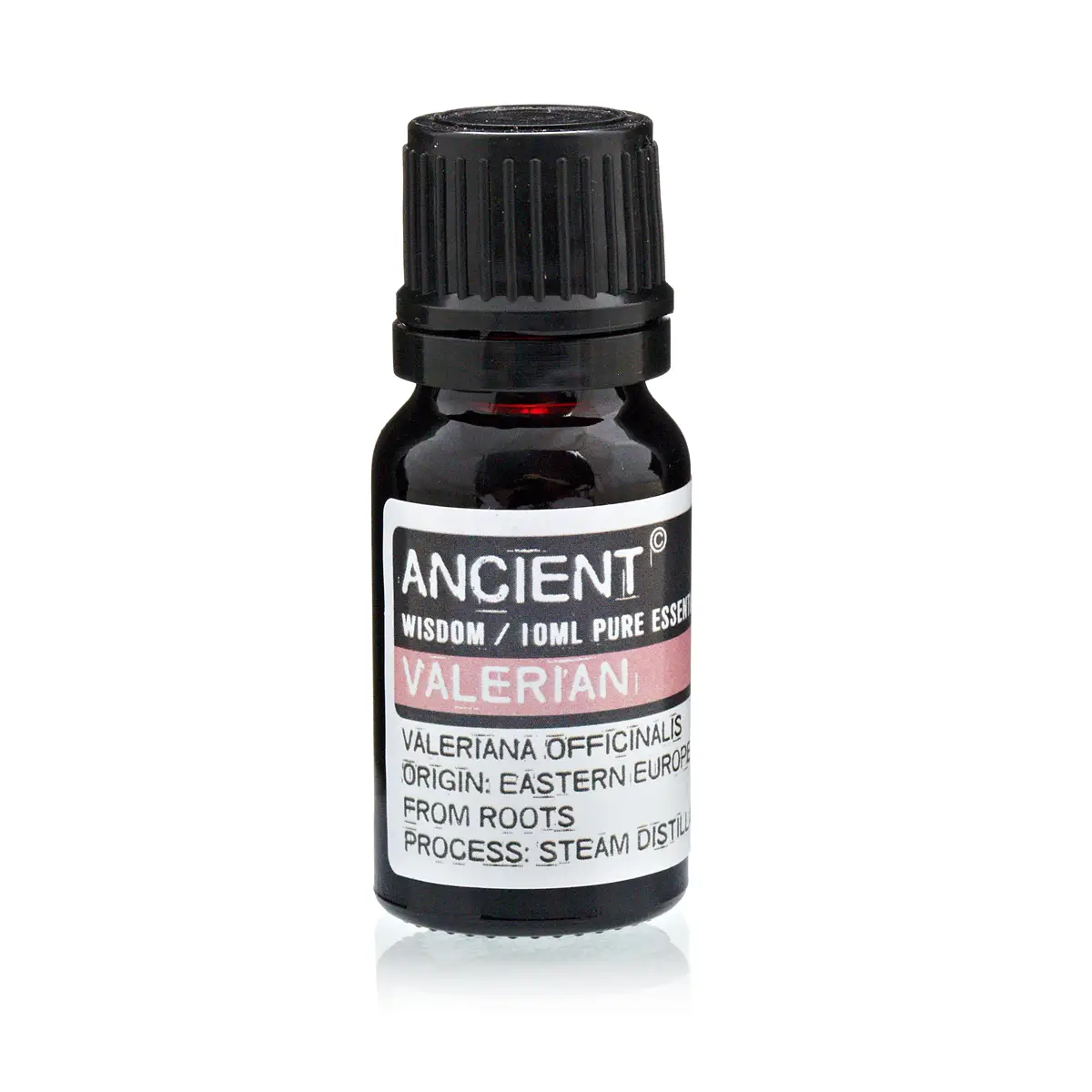 Flaska med eterisk olja av valeriana 10 ml med svart lock och etikett
