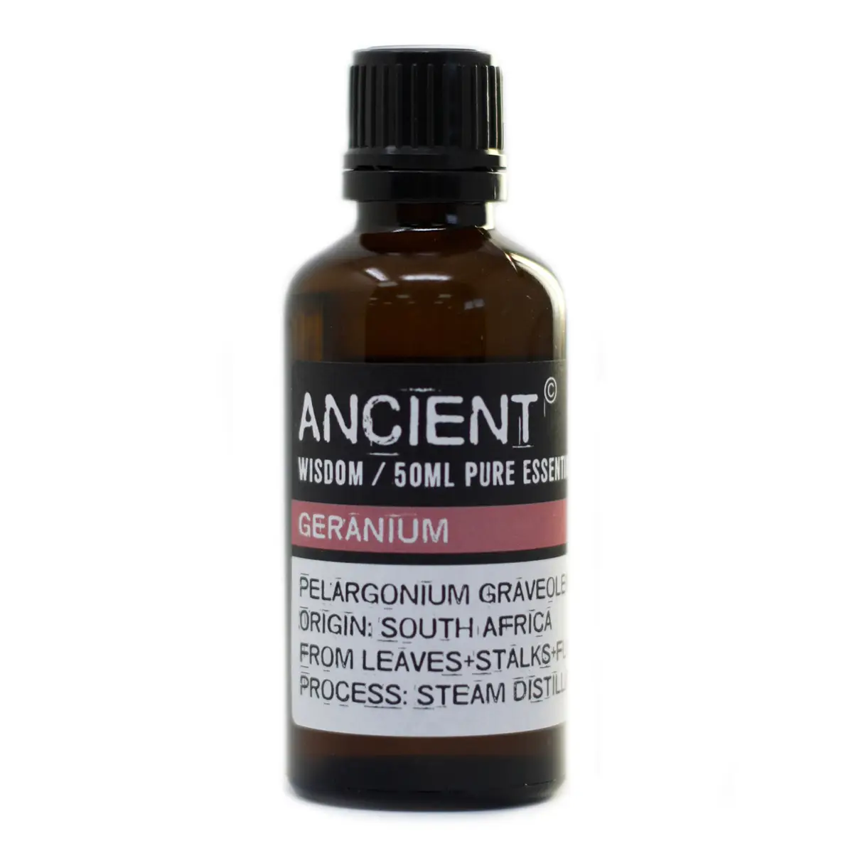 Brun flaska med etikett för geranium eterisk olja 50 ml