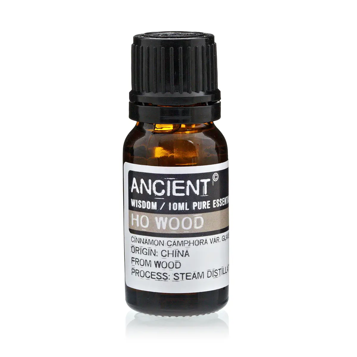 Flaska med Ho Wood eterisk olja 10 ml med svart lock och etikett