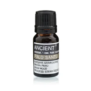 Flaska med Palo Santo eterisk olja 10 ml med svart lock och etikett
