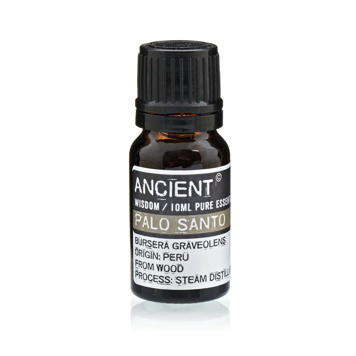 Flaska med Palo Santo eterisk olja 10 ml med svart lock och etikett