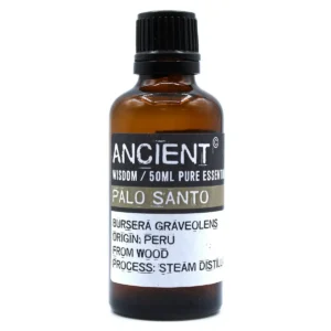 Flaska med Palo Santo eterisk olja 50 ml med etikett och svart skruvkork