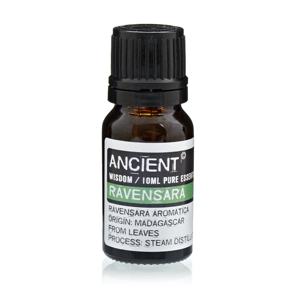 Flaska med Ravensara eterisk olja 10 ml med svart lock och etikett