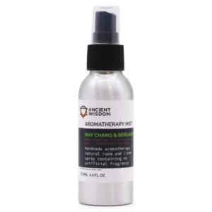 Flaska med aromaterapimist från Ancient Wisdom med etikett May Chang & Bergamot