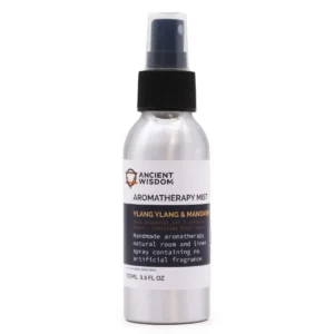 Flaska med aromaterapimist i aluminium med svart spraypump och etikett