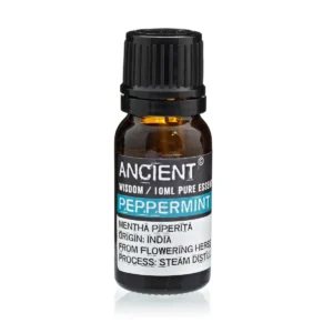 Flaska med 10 ml eterisk pepparmyntsolja med svart lock och etikett