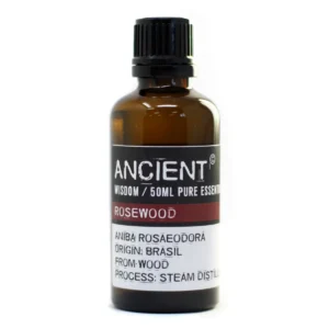 Flaska med eterisk rosenträolja 50 ml med svart lock och etikett