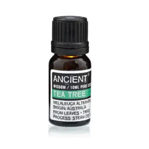 Flaska med eterisk tea tree-olja 10 ml med svart lock och etikett