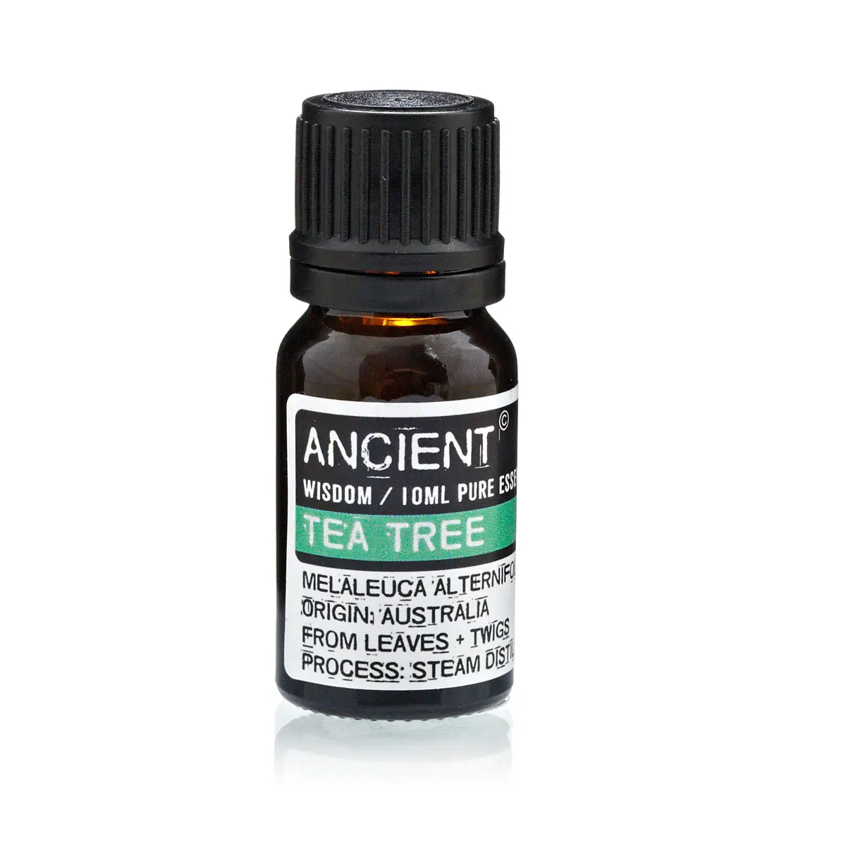 Flaska med eterisk tea tree-olja 10 ml med svart lock och etikett