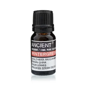 Flaska med 10 ml eterisk vintergrönolja med etikett