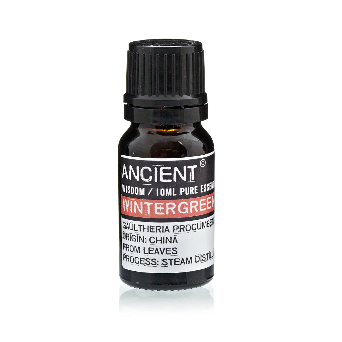 Flaska med 10 ml eterisk vintergrönolja med etikett