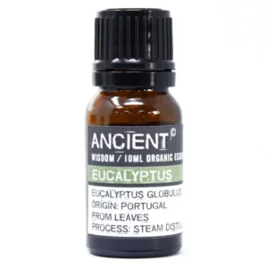 Flaska med ekologisk eukalyptus eterisk olja 10 ml med svart lock och etikett