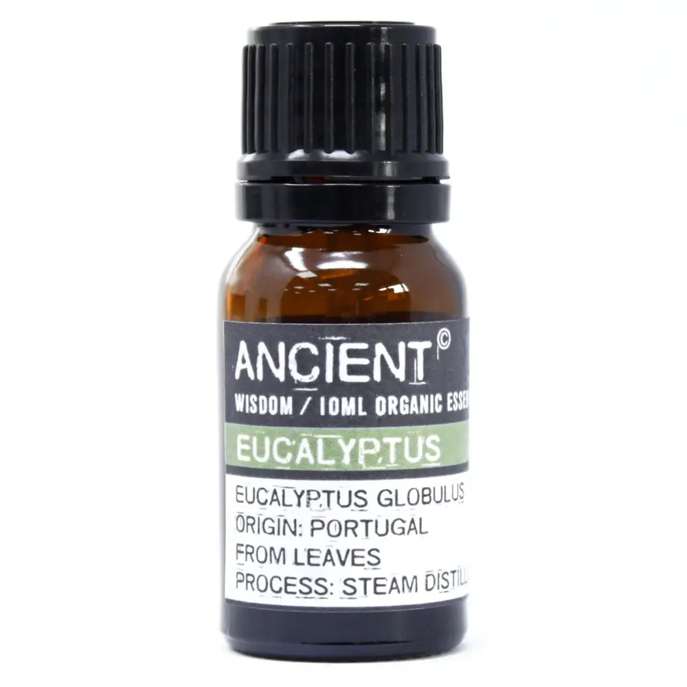Flaska med ekologisk eukalyptus eterisk olja 10 ml med svart lock och etikett