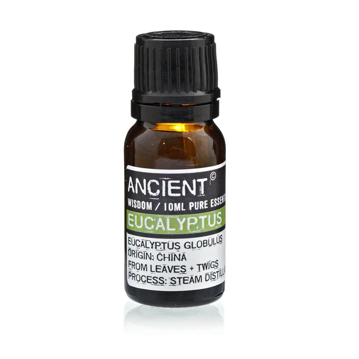 Flaska med eukalyptus eterisk olja 10 ml med svart lock och etikett