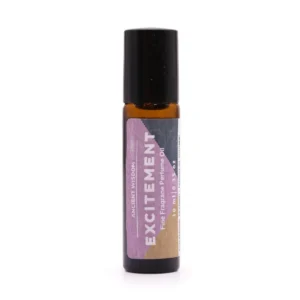 Flaska med Excitement fin doftolja i roll-on 10 ml med etikett i lila och brunt